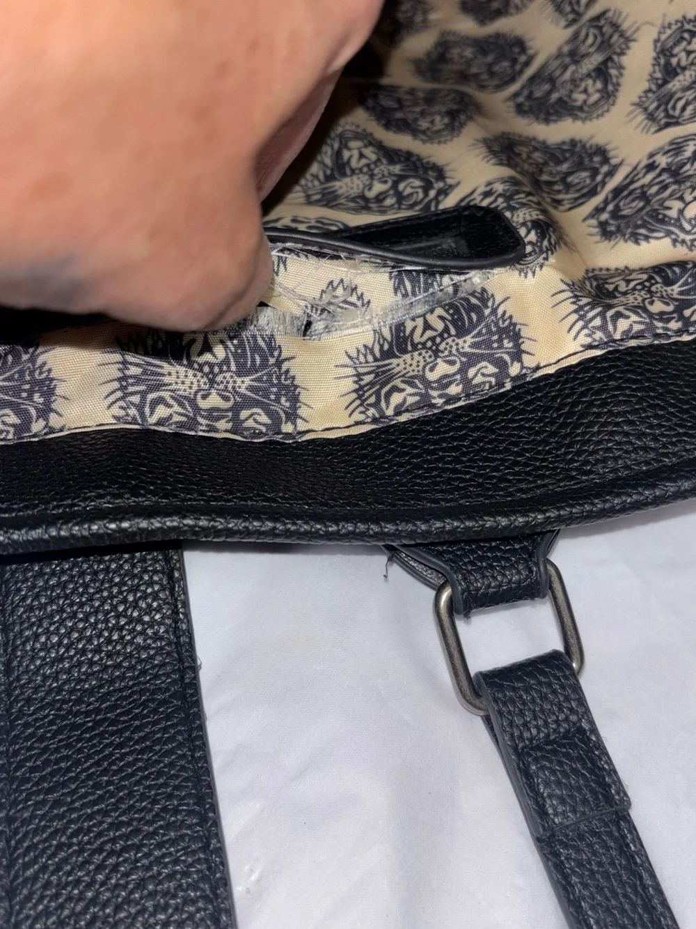 Ed Hardy Black Tattoo-Print Leather Satchel with Red Accent 14x9 “